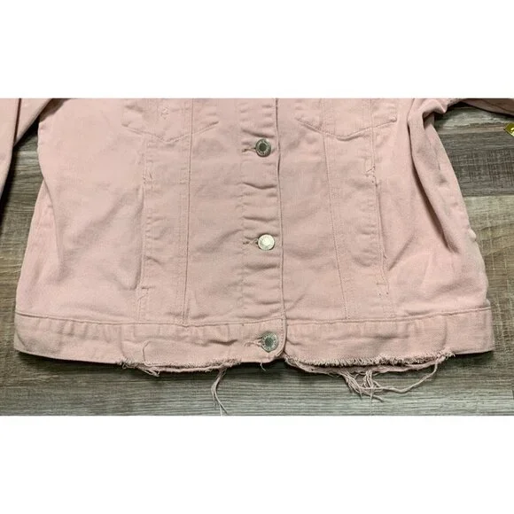 Judy Blue Womens Pink Denim Jacket Size S Distressed Hem Button Up Pockets - Picture 14 of 16